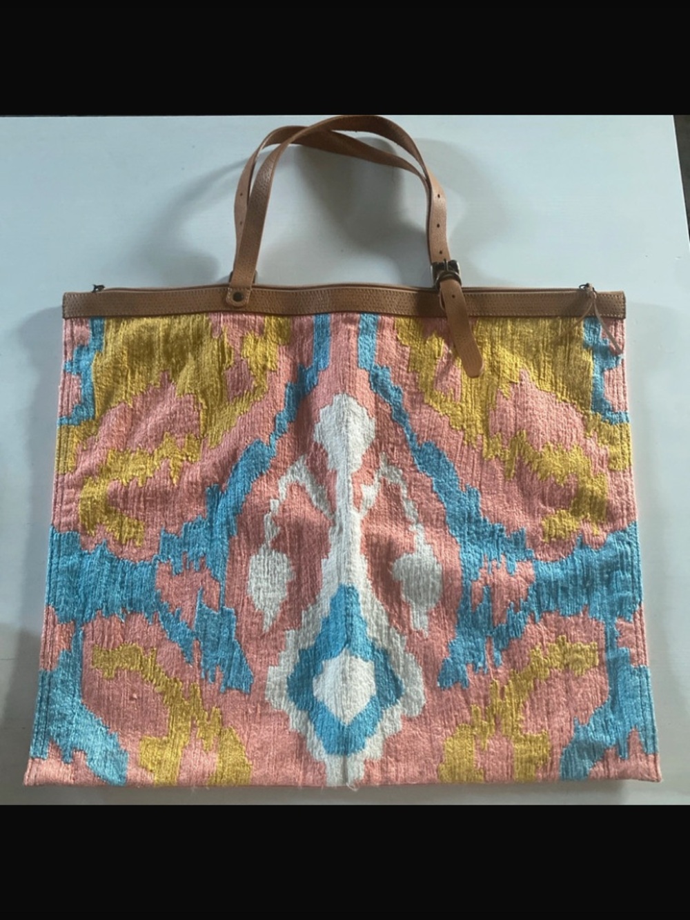 Jasper&Jeera Handwoven Boho Aztec Patterned Tote Bag Tan Leather Buckle Straps